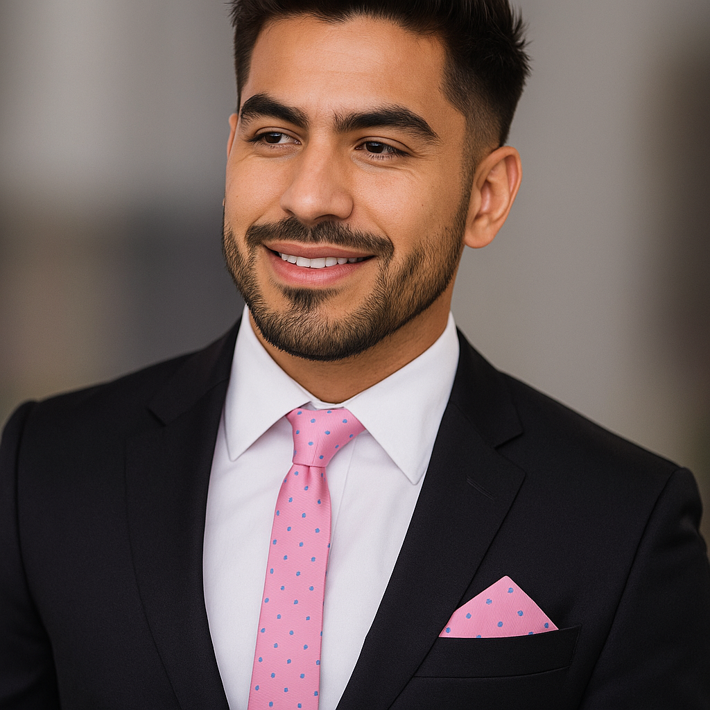 Man wearing a black suit with a thin pink tie with blue dots and pocket square against a blurred background