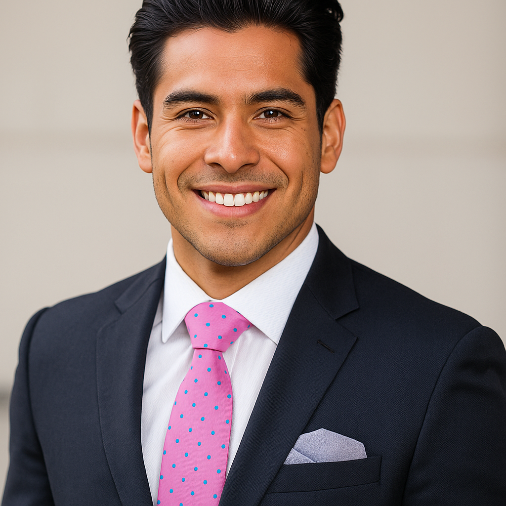 Man wearing a navy suit with a pink tie featuring blue polka dots with a silver square on a neutral background