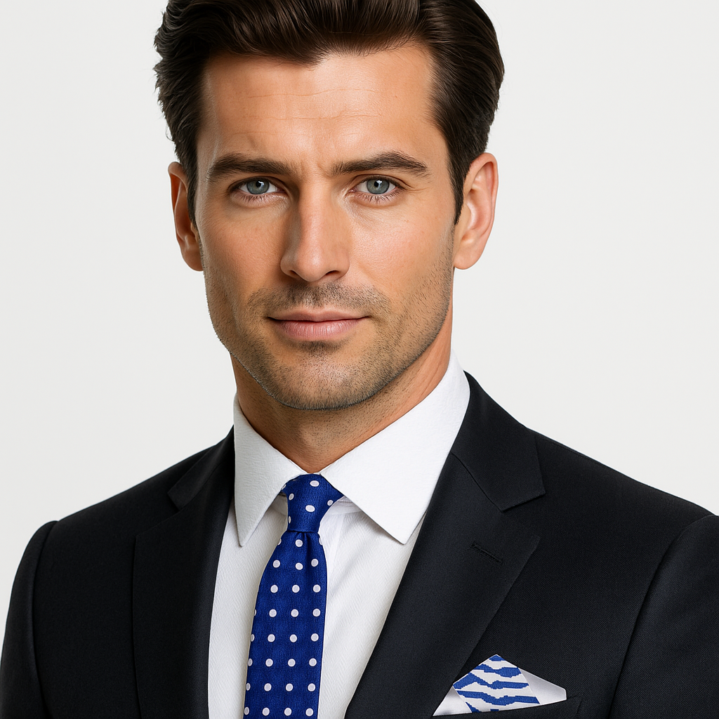 Man wearing a black suit with a blue with white polka dot tie and white shirt on a gray background