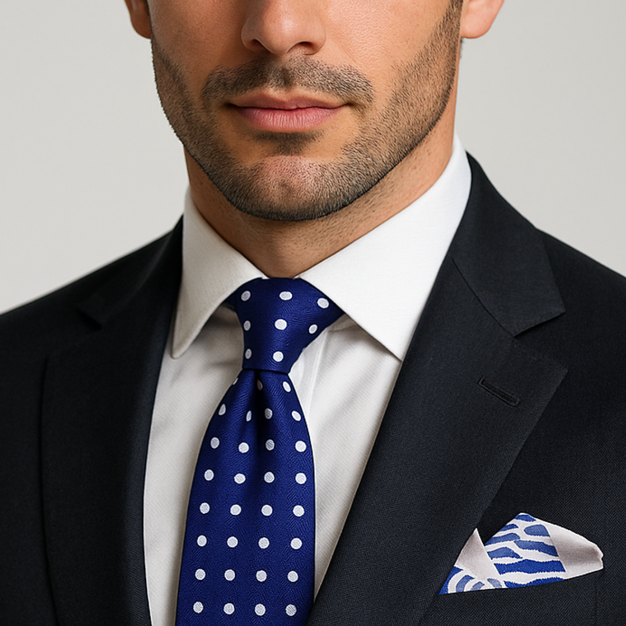 Man wearing a navy suit with a blue polka dot tie and accenting off white and blue tiger pattern pocket square.