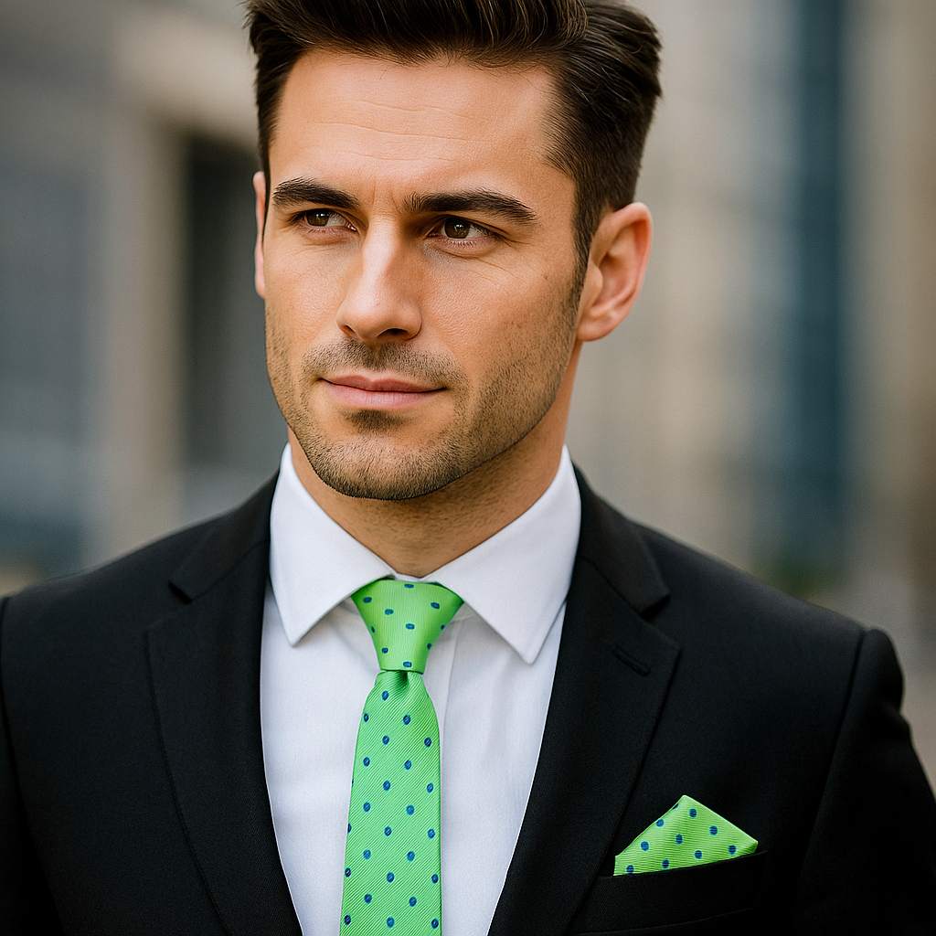 Man wearing a black suit with a green with blue polka dot thin tie and pocket square.