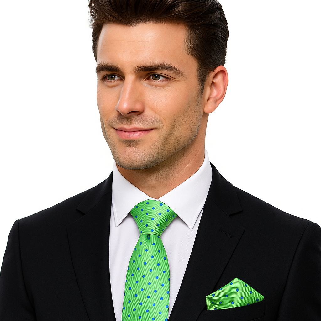 Man wearing a black suit with a green  with blue dots tie and pocket square on a white background