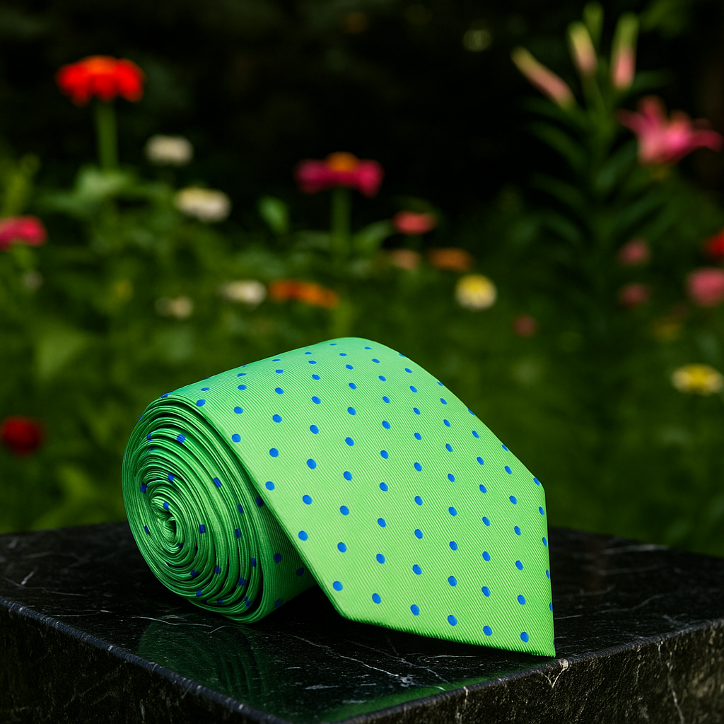 Green tie with blue polka dots on a dark surface with a blurred floral background