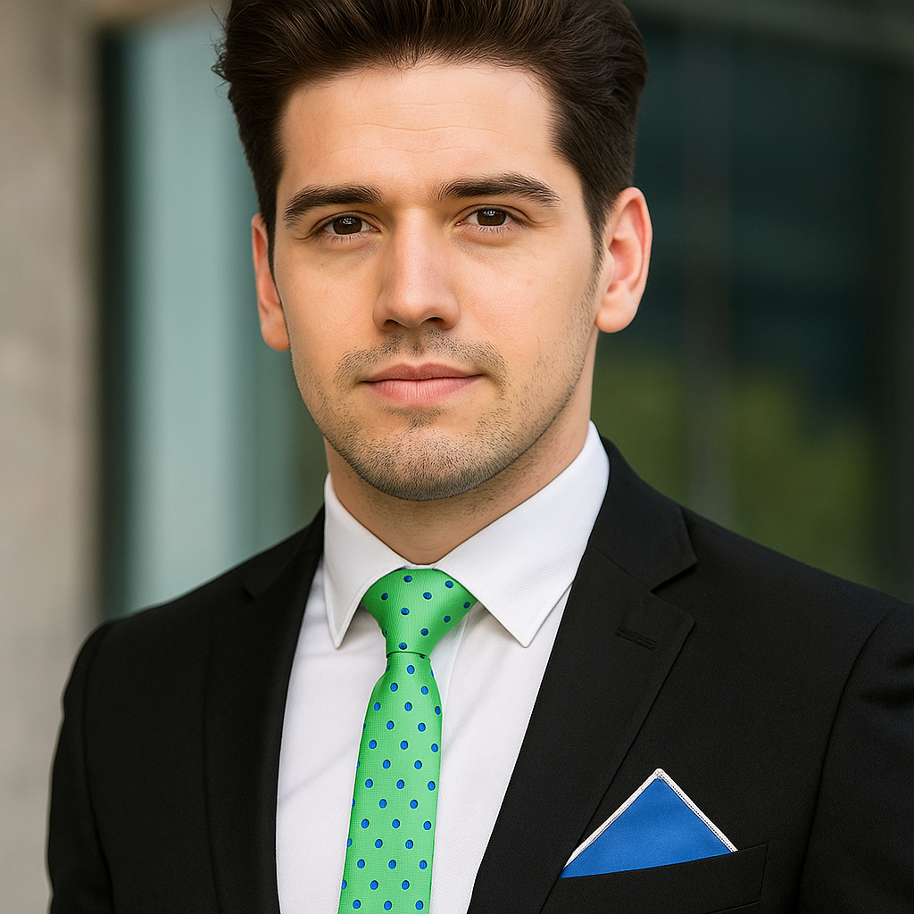 Man wearing a black suit with a green with blue dots thin tie and blue pocket square, standing against a blurred background.