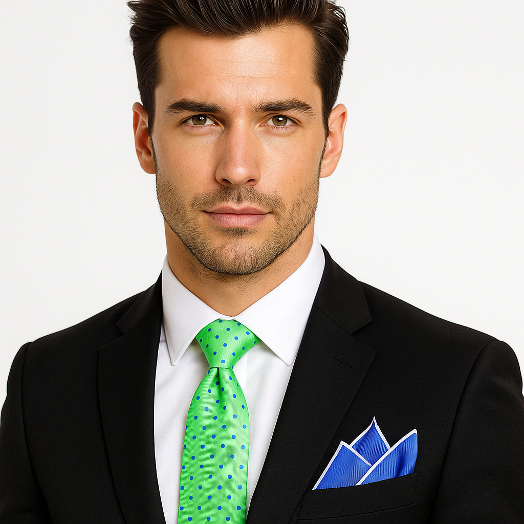 Man wearing a black suit with a green with blue dots tie and blue pocket square on a white background