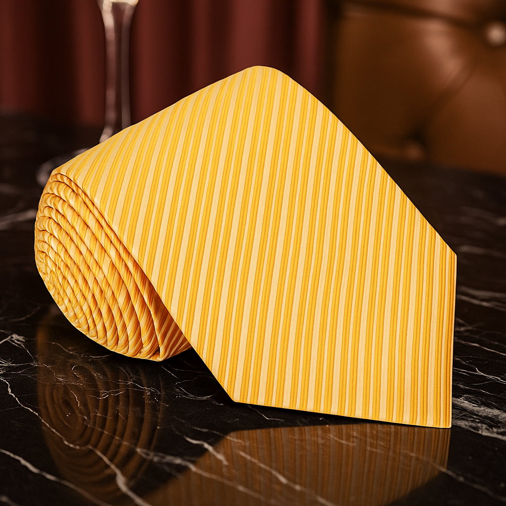 Yellow striped tie on a dark marble surface