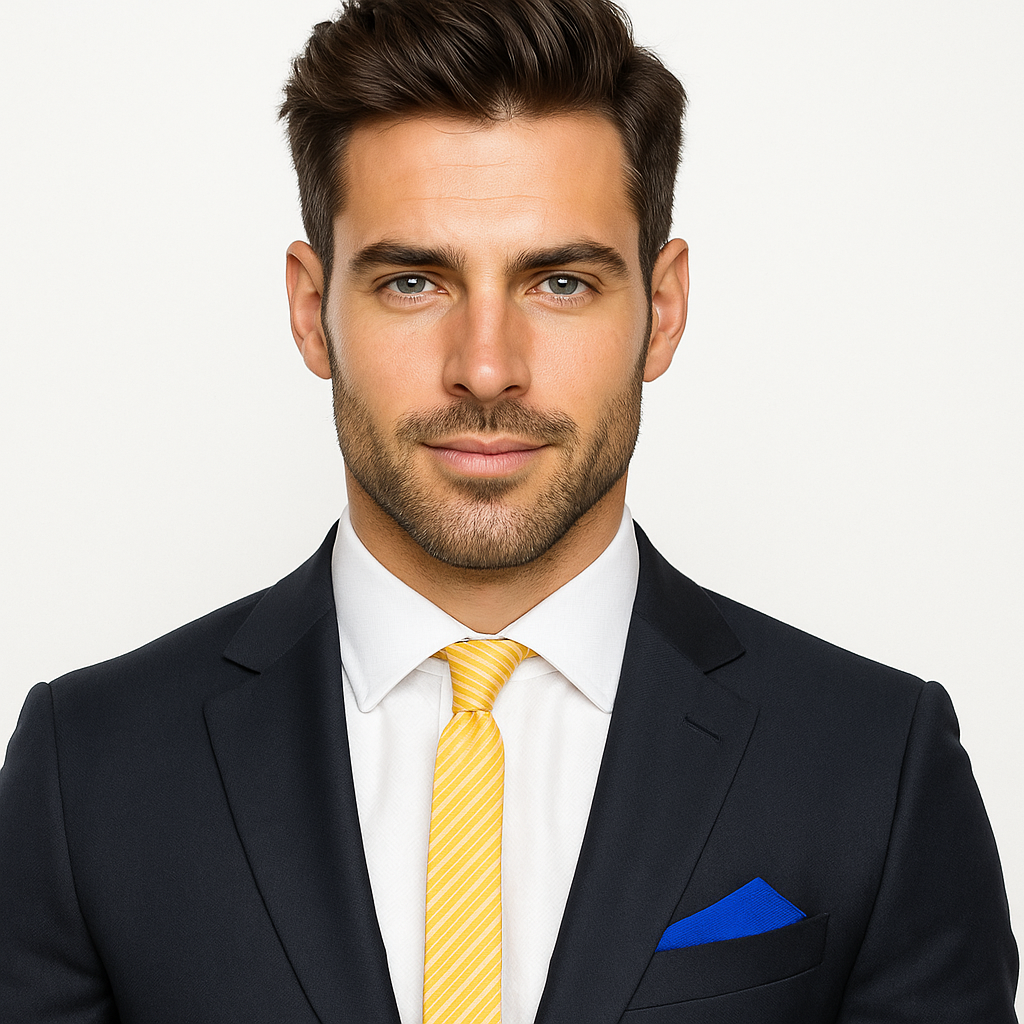Man wearing a dark suit with a yellow tie and blue pocket square on a light gray background