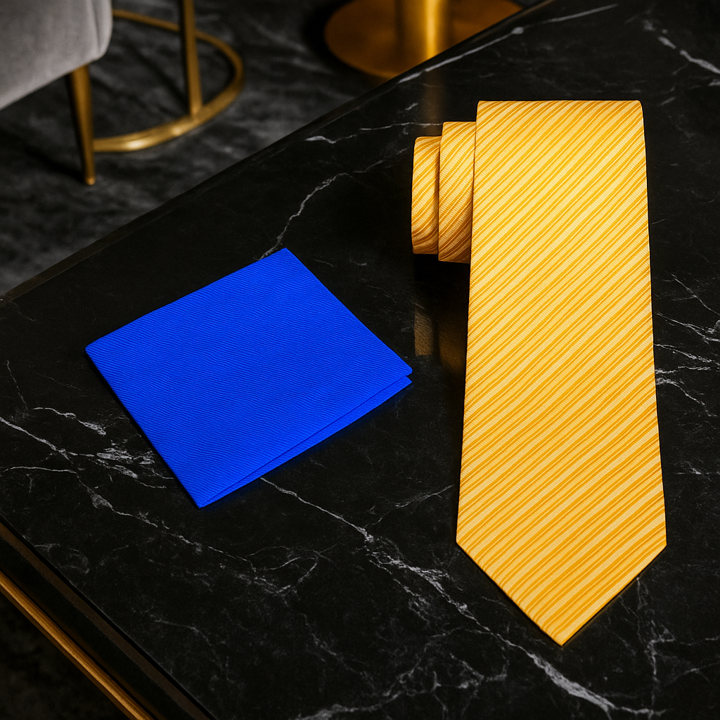 Yellow tie and blue pocket square on a black marble surface