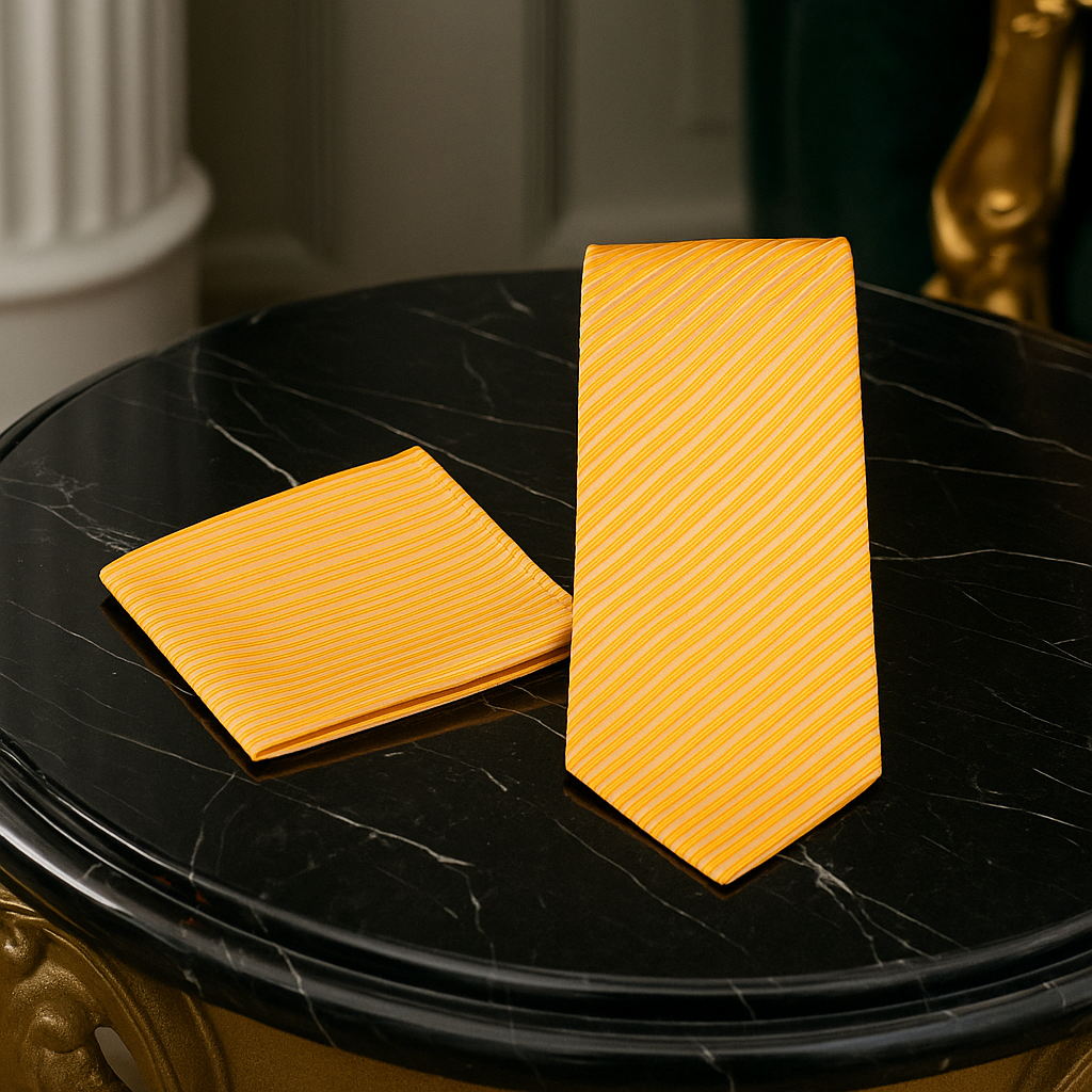 Yellow tie and pocket square on a black marble surface