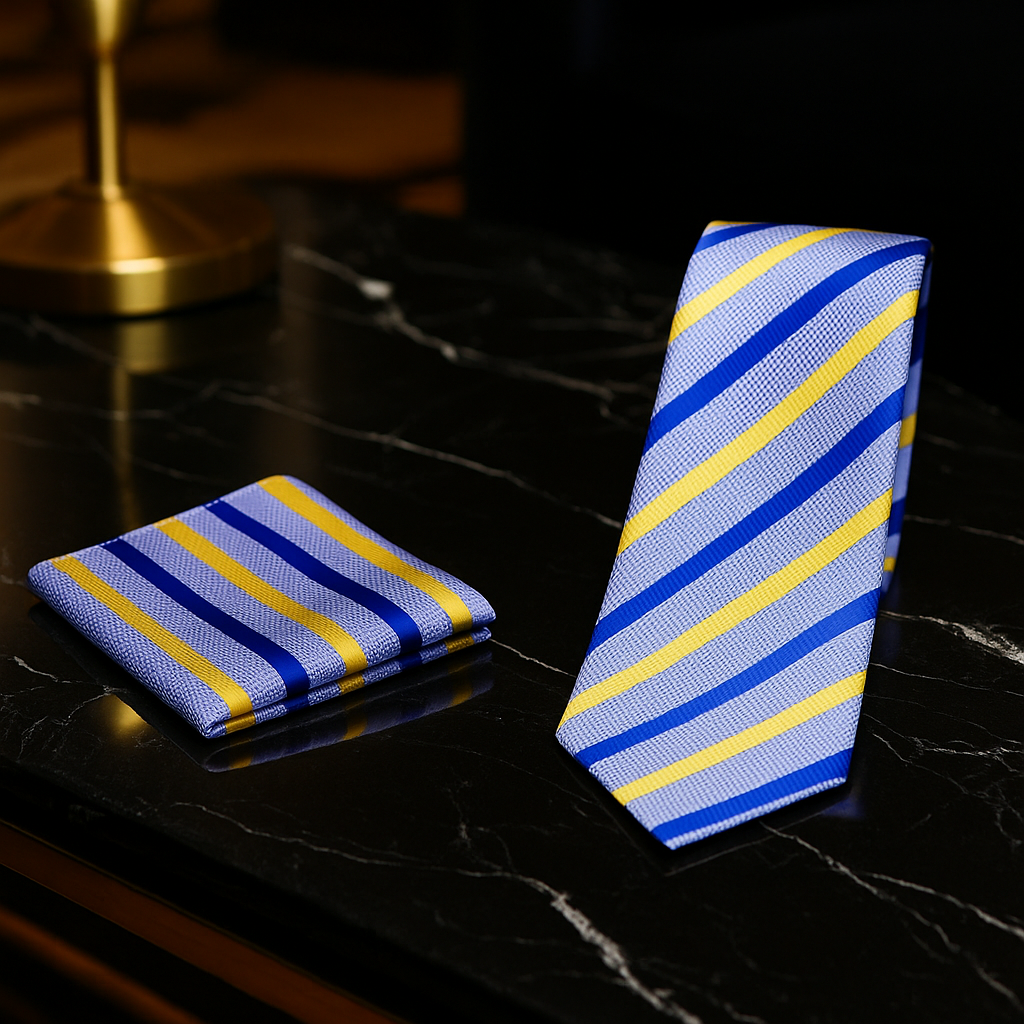 Alt  blue and yellow striped tie and pocket square