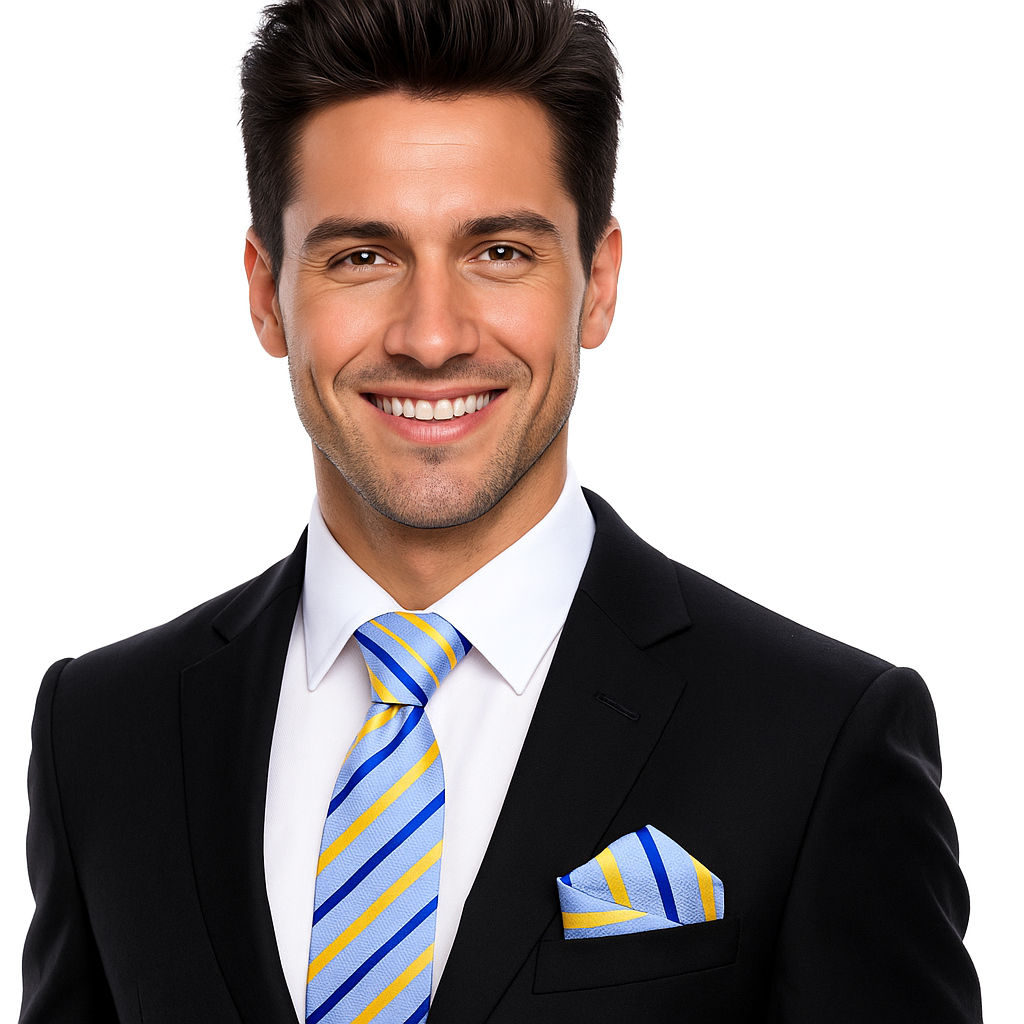 Man wearing a black suit with a blue and yellow striped tie and pocket square on a white background