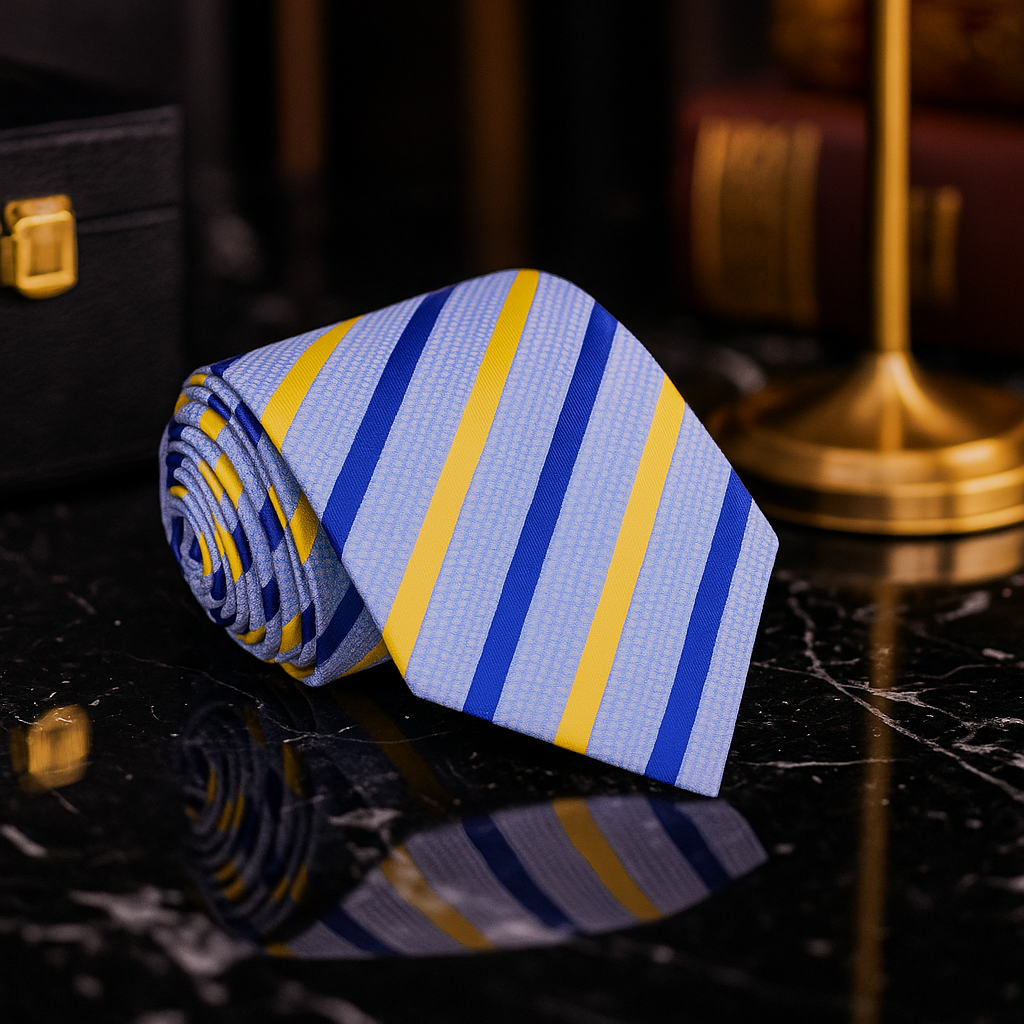 Folded blue and yellow striped tie on a dark surface with decorative items in the background