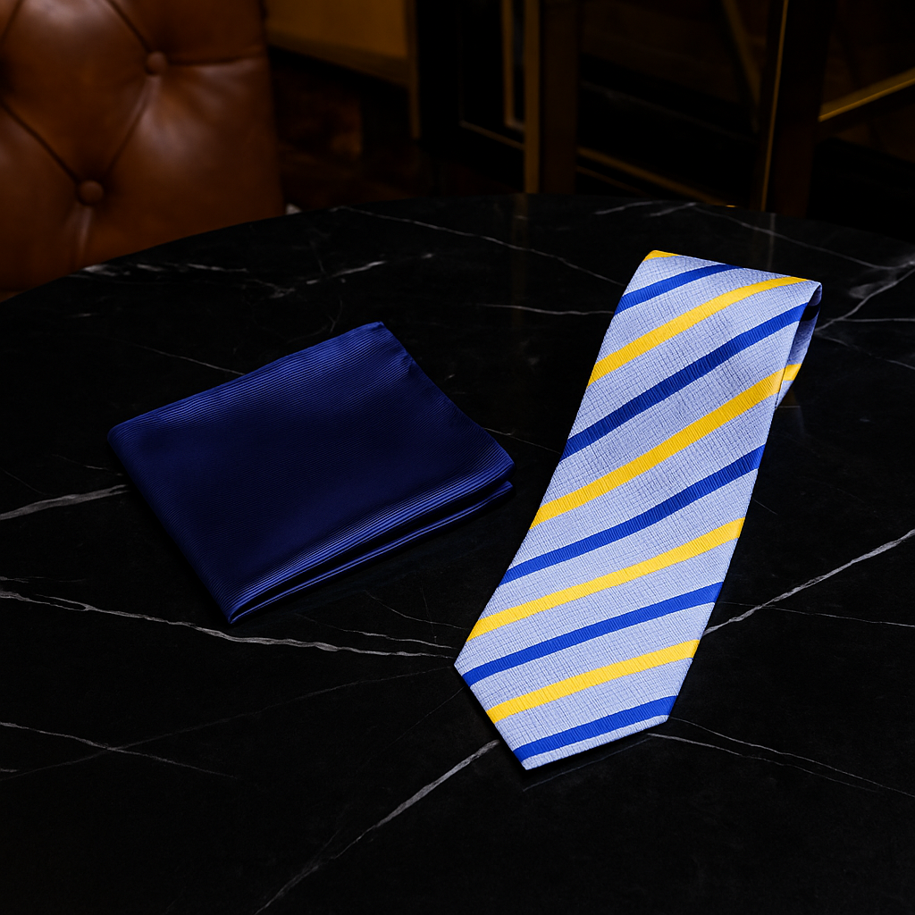 Alt  blue and yellow striped tie with blue square