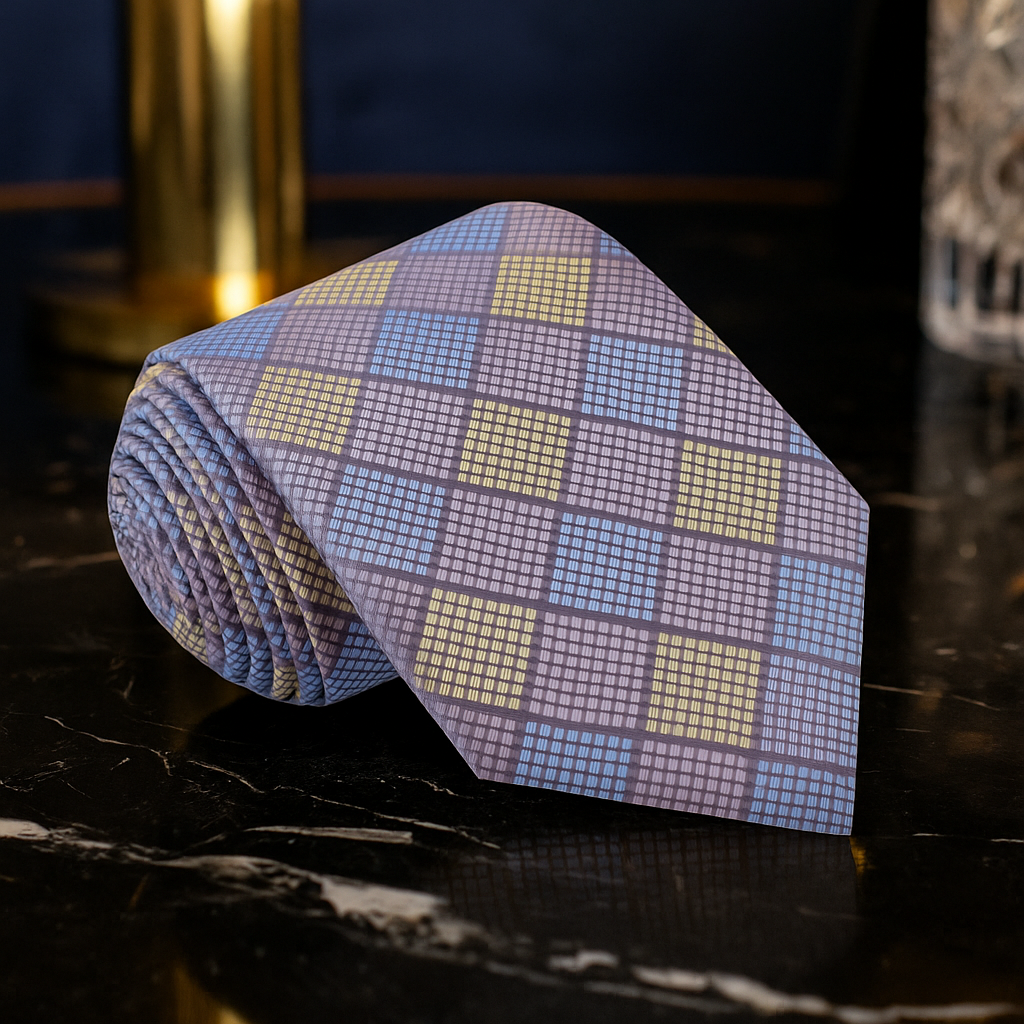 Rolled-up colorful yellow, blue check tie 