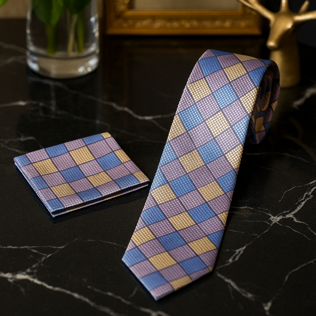 alt view grey, yellow and blue check tie and pocket square