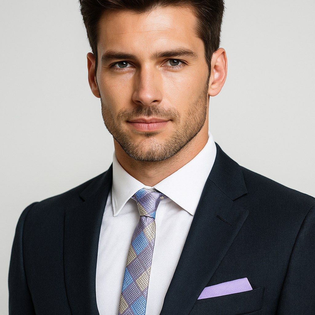 Thin colorful yellow, blue check tie and light purple shirt and light purple square on man wearing suit