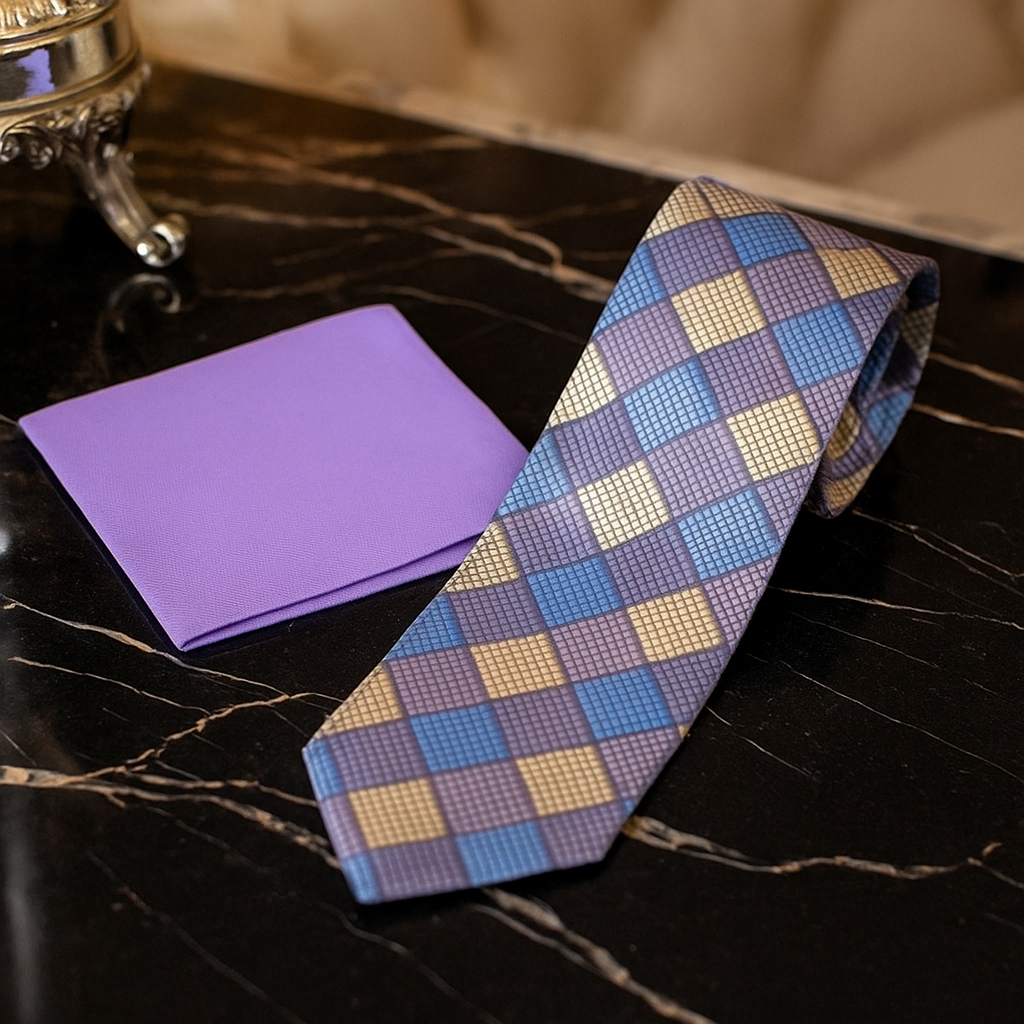 Checkered tie and purple pocket square on a dark marble surface