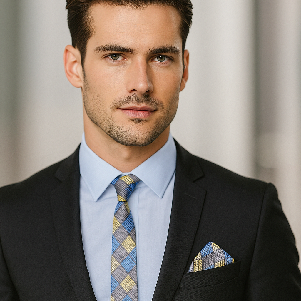Man wearing a black suit with a thin grey, yellow and blue check tie and pocket square