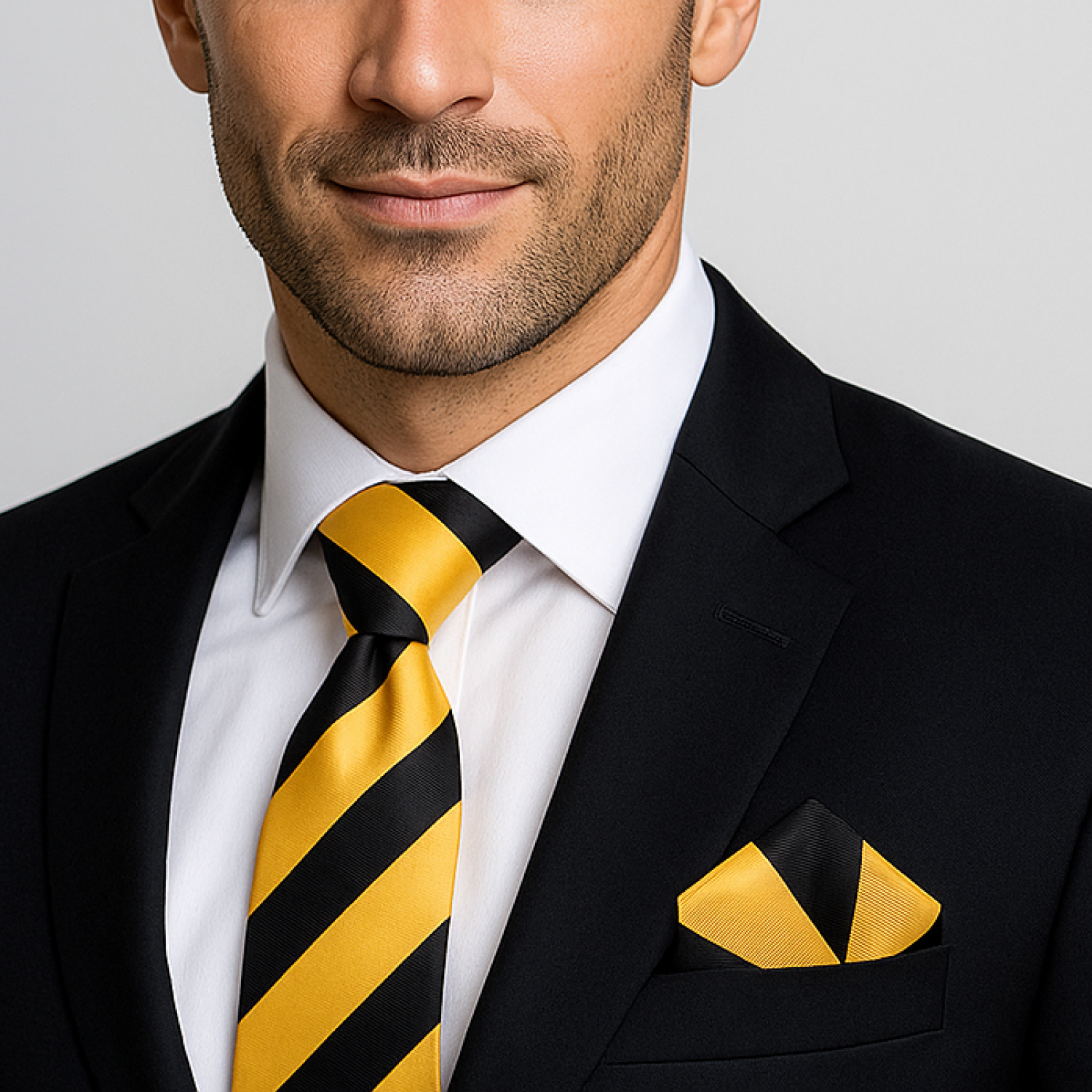Man wearing black suit, yellow and black stripe tie and square with white background