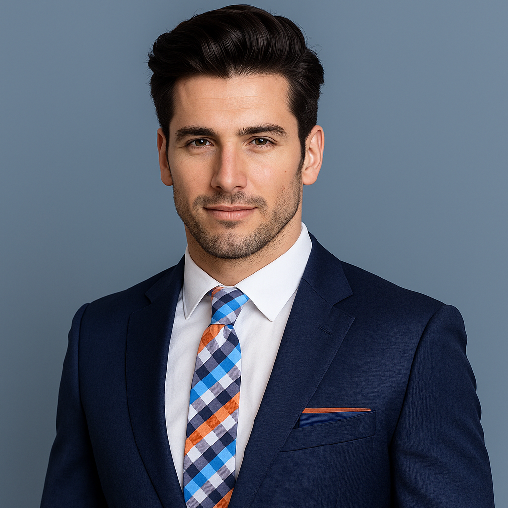 Man wearing blue suit with blue, white and orange check necktie with an accenting blue and orange square with blue background