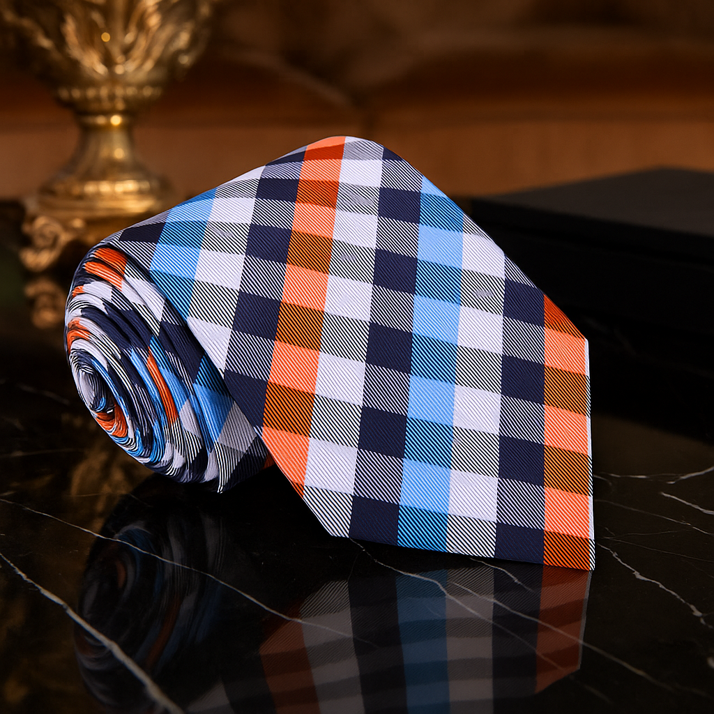 Rolled orange, blue, white check necktie on black marble