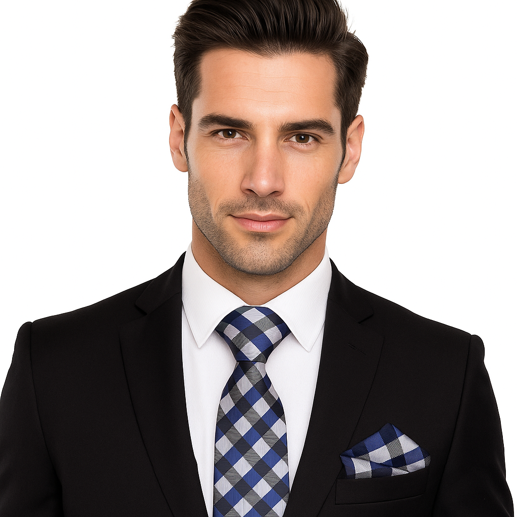Man wearing a black suit with a blue and gray checkered tie and pocket square on a white background