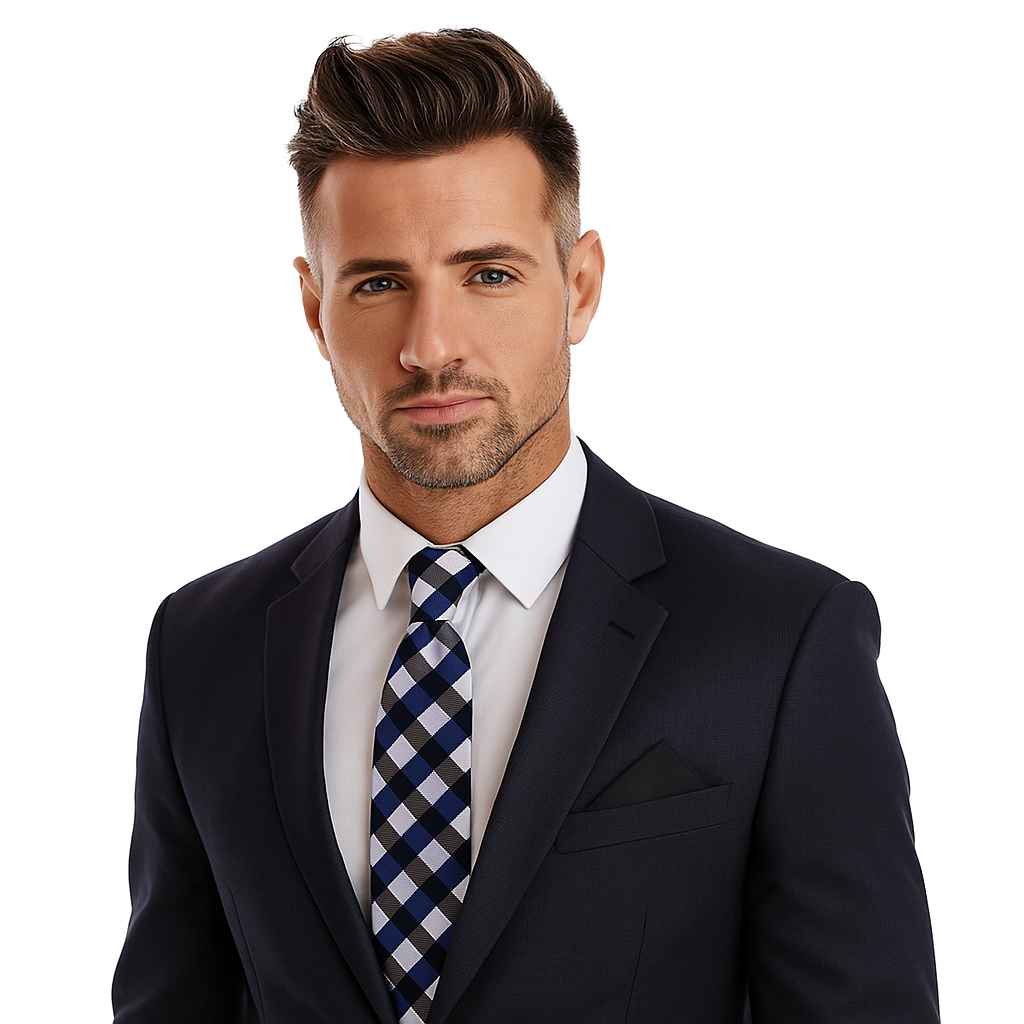 Man wearing black suit with grey, blue and black plaid necktie and black square