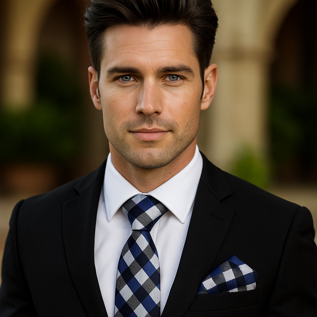 Man wearing black suit with light grey, black and blue check necktie and square