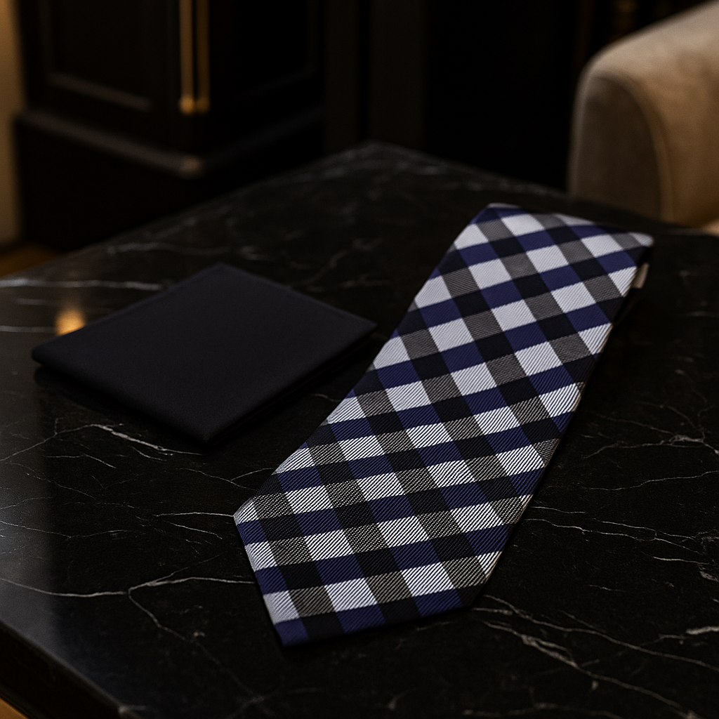 Alt Light Grey, Black and Blue Check necktie and Black Square