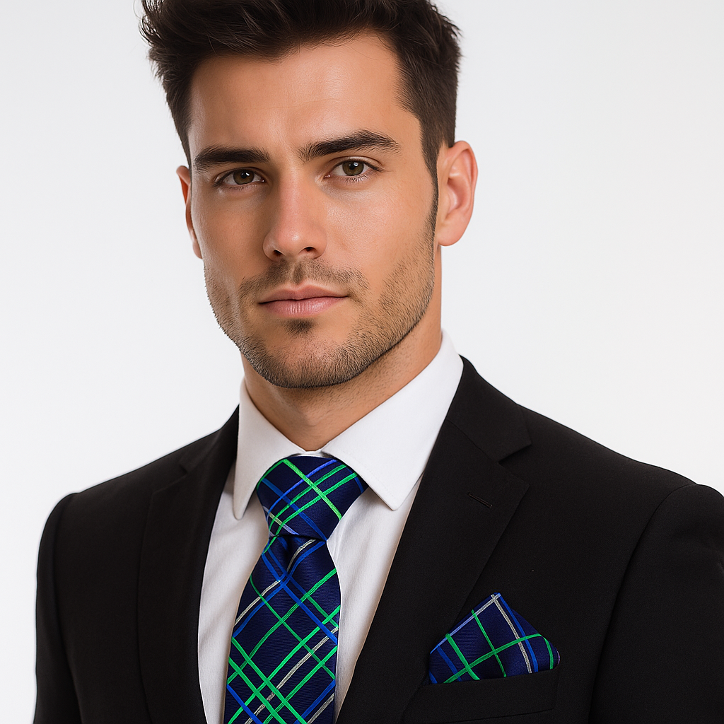 Man wearing blue and green lined necktie with matching square