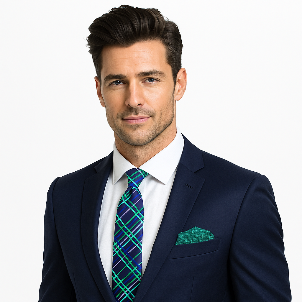 Man wearing blue suit with Blue, Green Plaid Necktie and Green Square