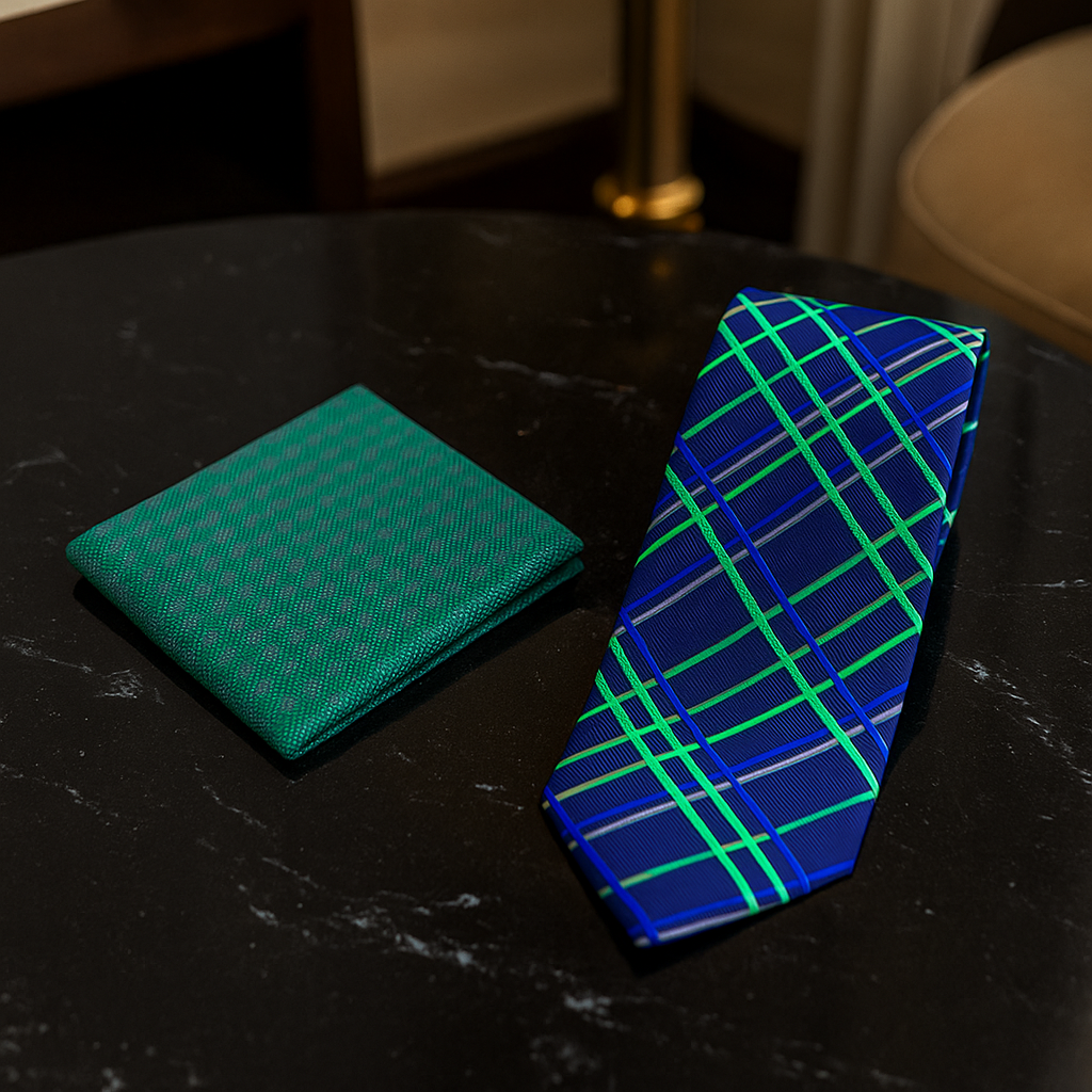Alt Blue, Green Plaid Necktie and Green Square on black marble