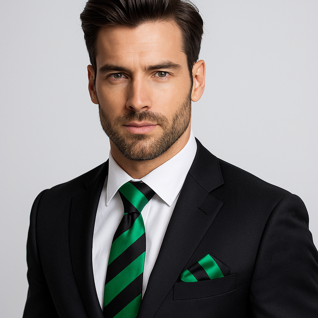 Man wearing green and black block stripe and matching square