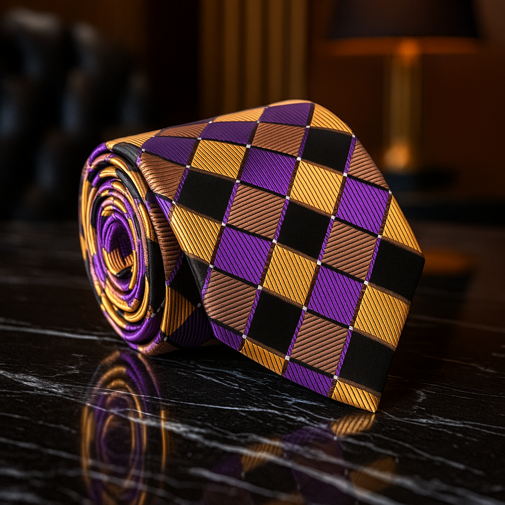 Brown, Gold and Black Diamonds Necktie on Black marble
