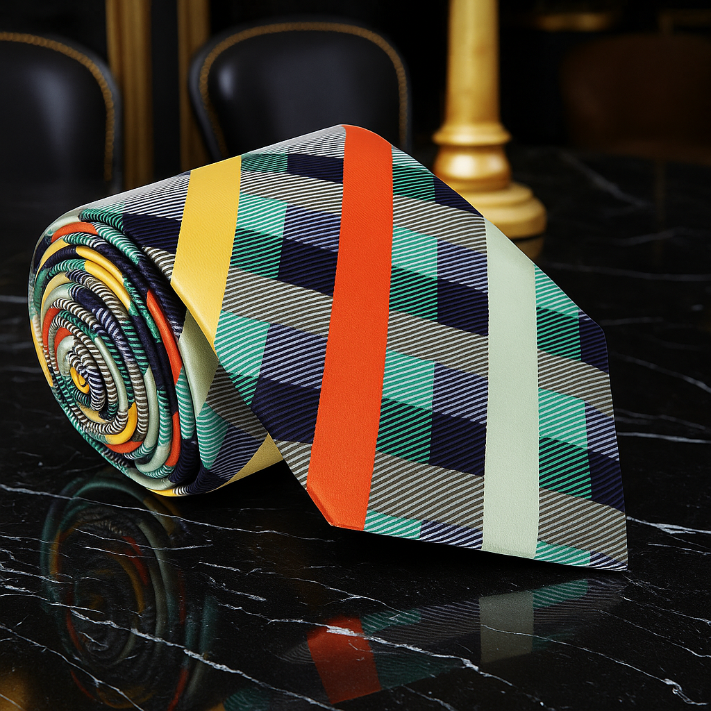 Green, Orange and Yellow Plaid necktie Rolled up on a black marble table