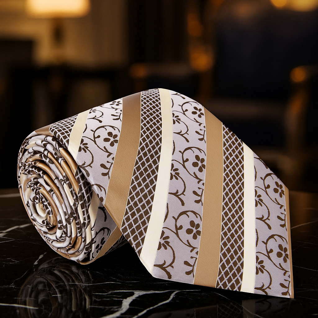 Roll of patterned fabric tie with brown and beige design on a dark surface