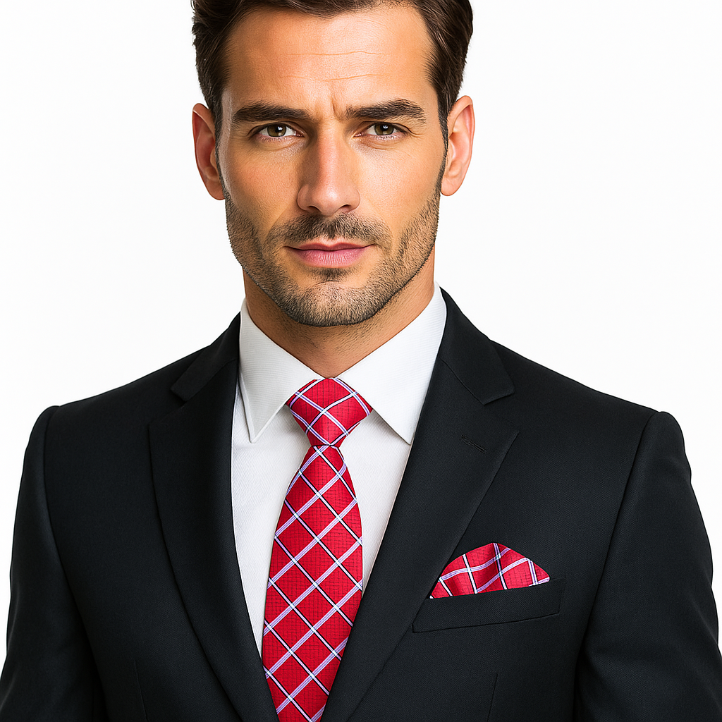 Man wearing a black suit with a red plaid tie and pocket square on a white background