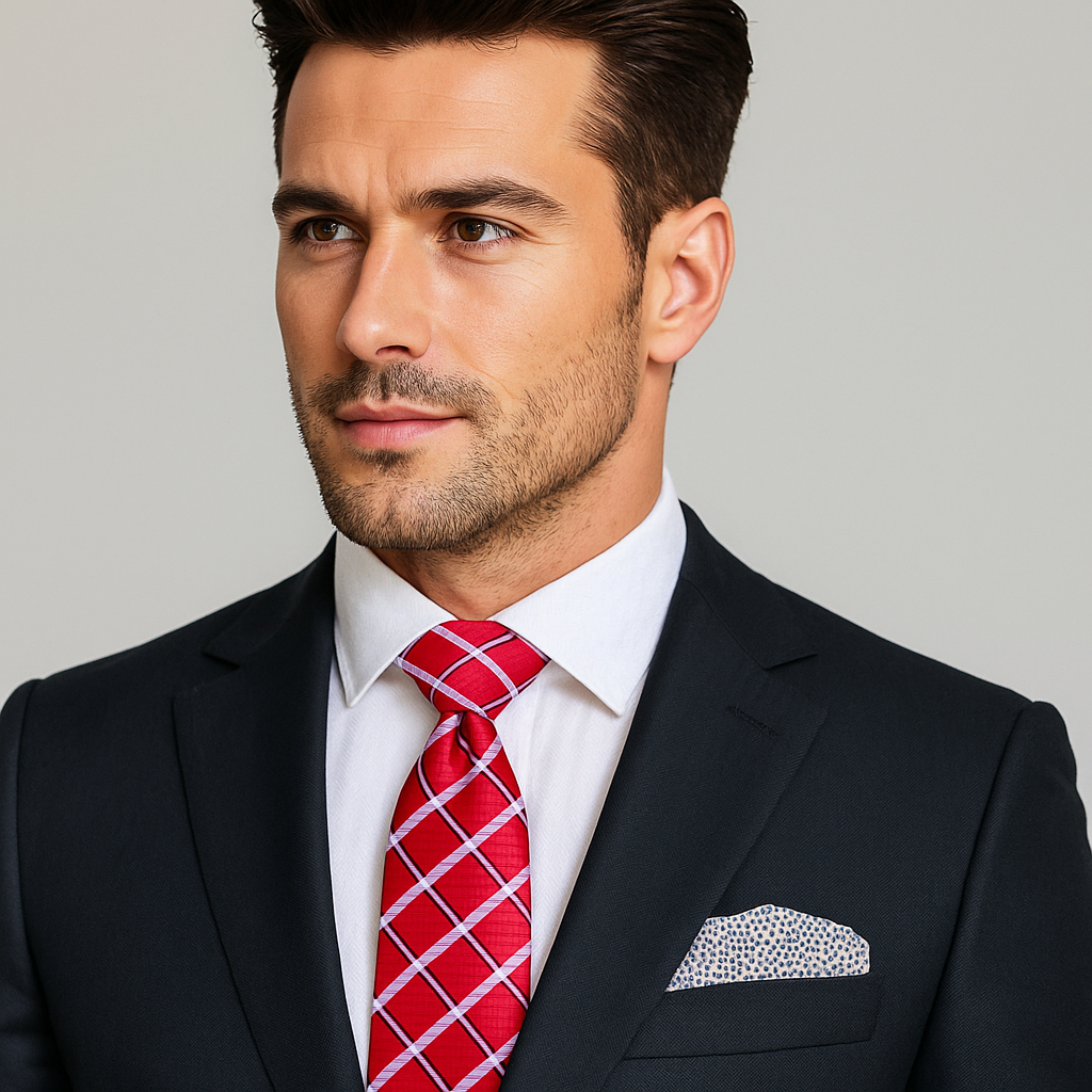 Man wearing a black suit with a red checkered tie and white shirt against a gray background