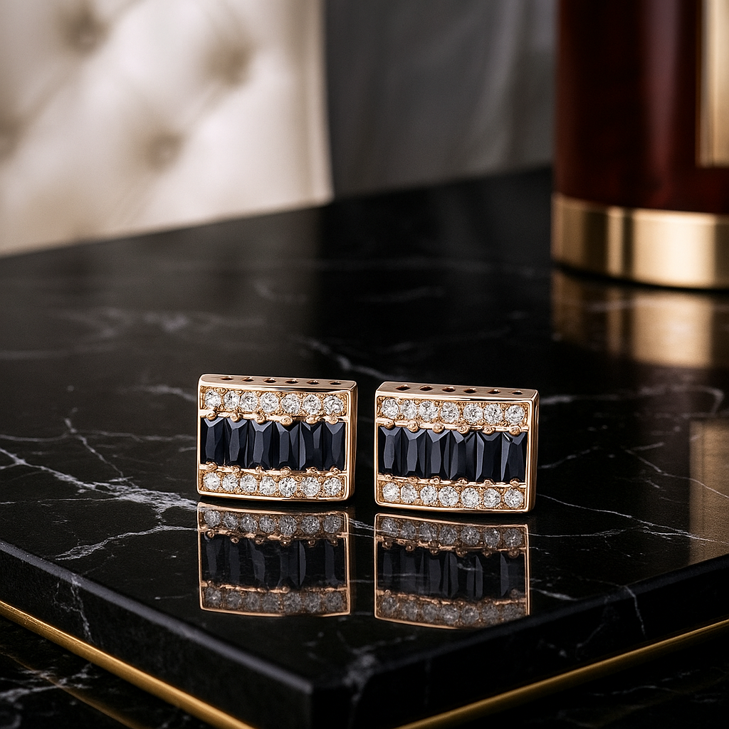 View 2 Gold Color with Black Stone Cufflinks 