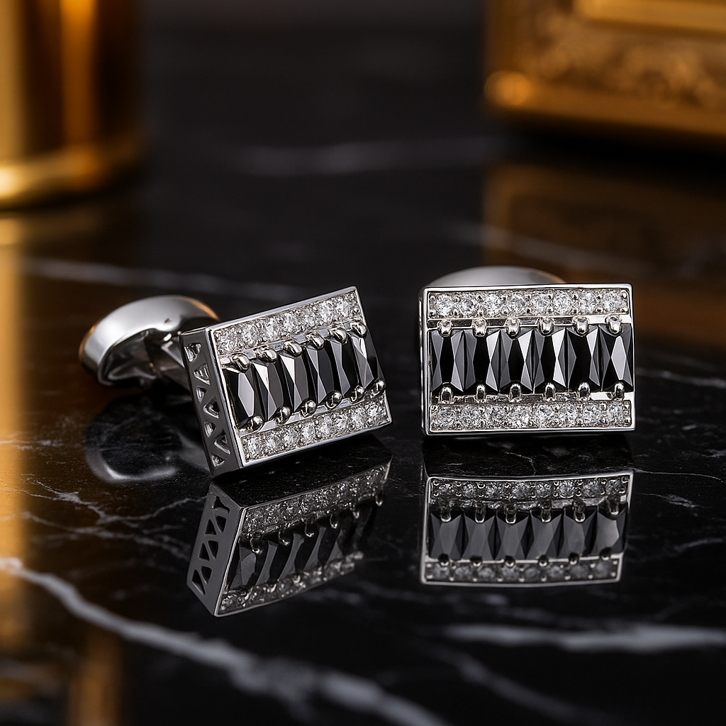Chrome Color with Black Stone Cufflinks 