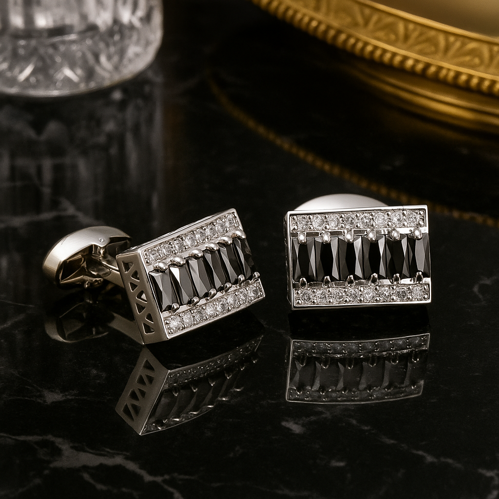 View 2 Chrome Color with Black Stone Cufflinks 