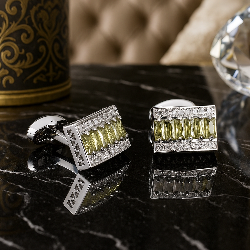 View 2 Chrome with Yellow Green Stones Cufflinks