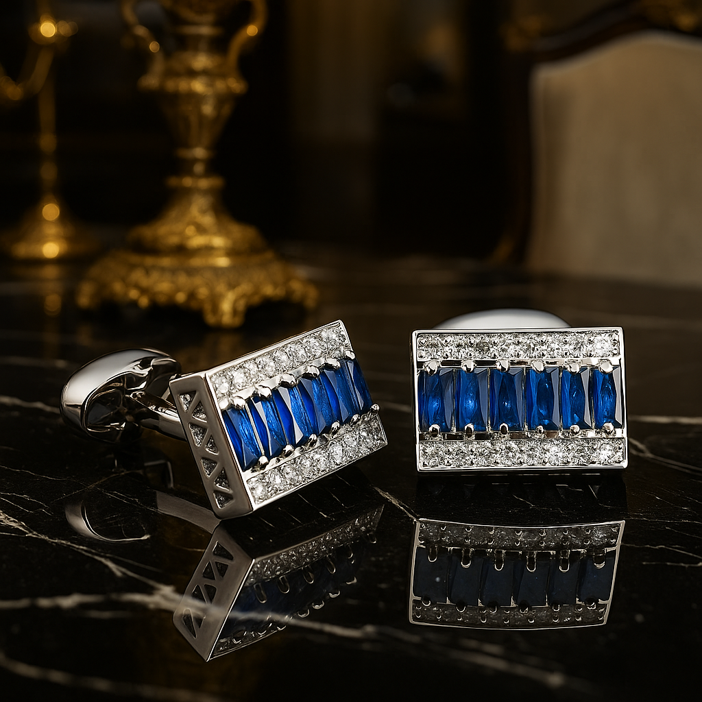 View 2 Chrome with Blue Stones Cufflinks
