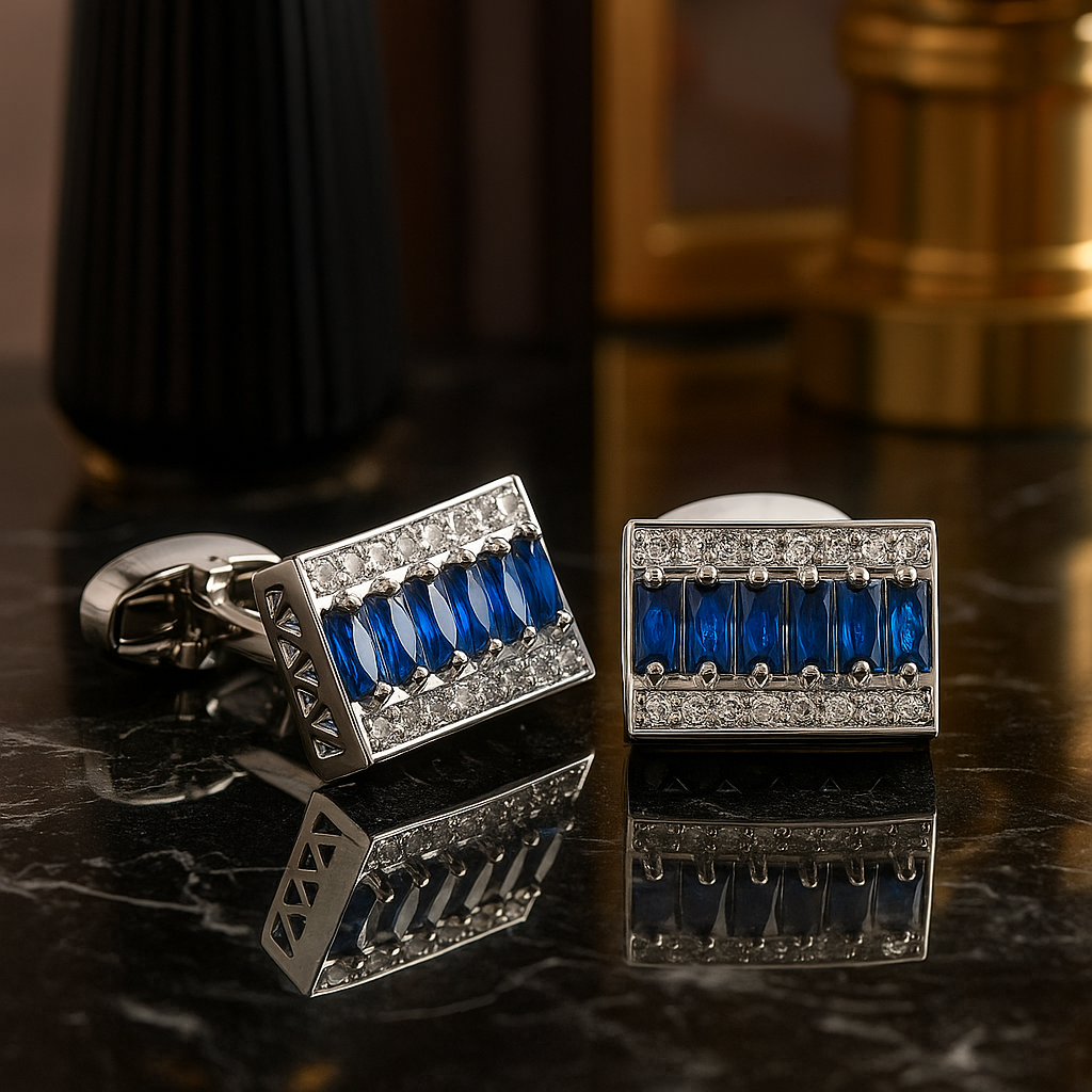 Chrome with Blue Stones Cufflinks