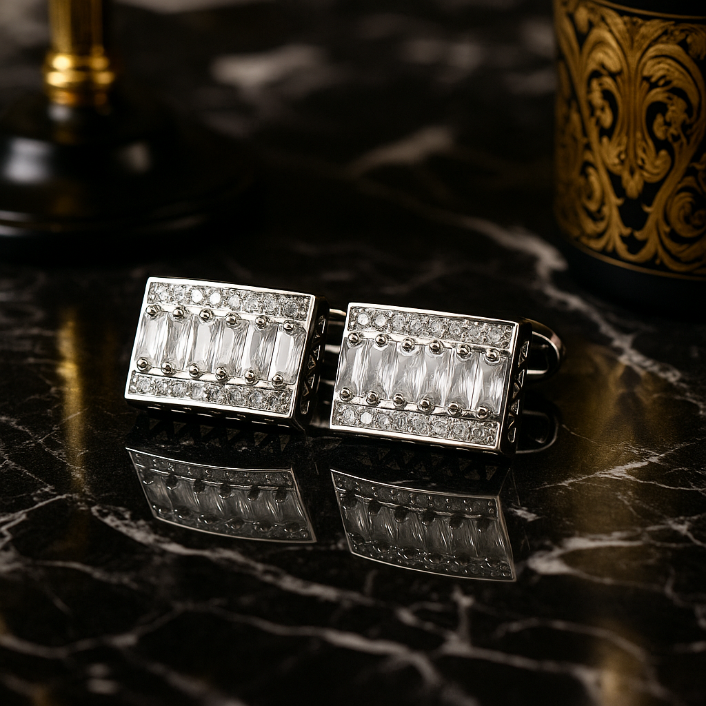 Chrome and Clear Stone Cufflinks 