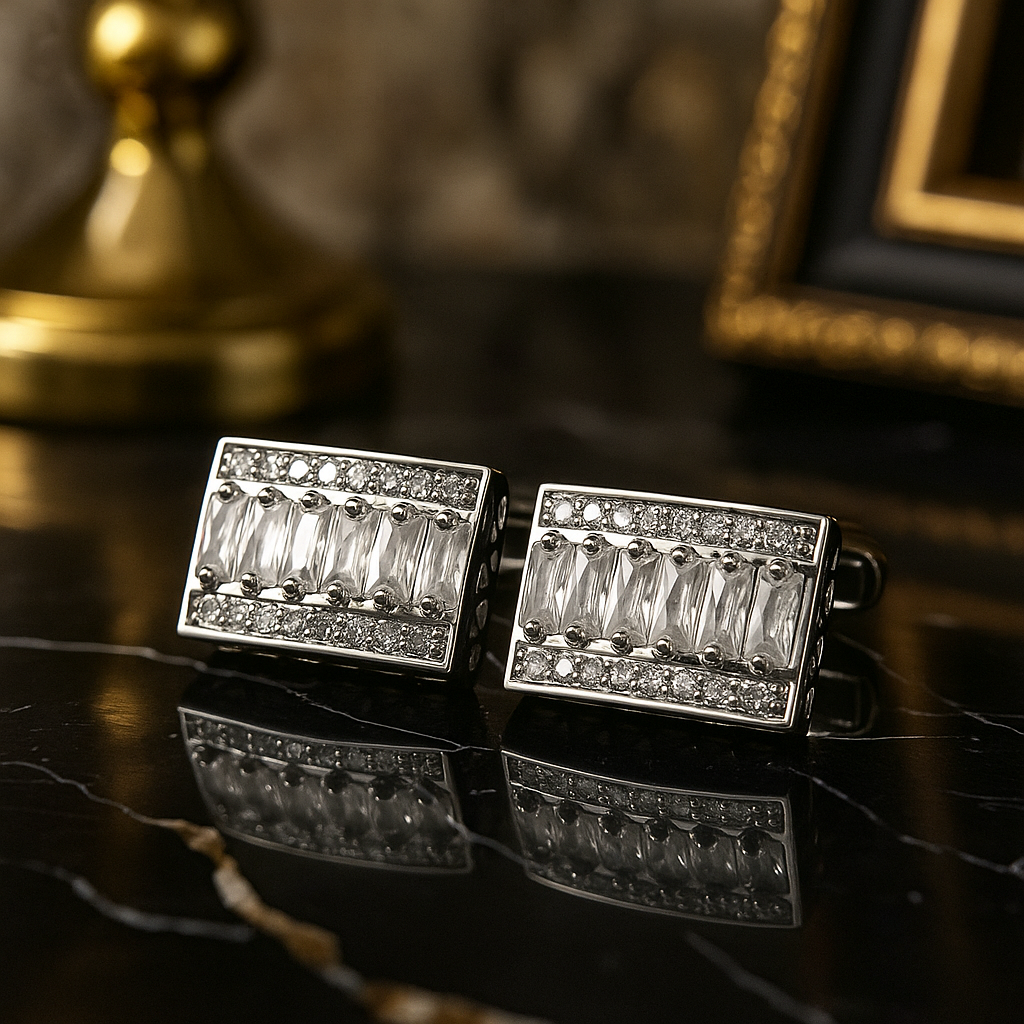 View 2 Chrome and Clear Stone Cufflinks 
