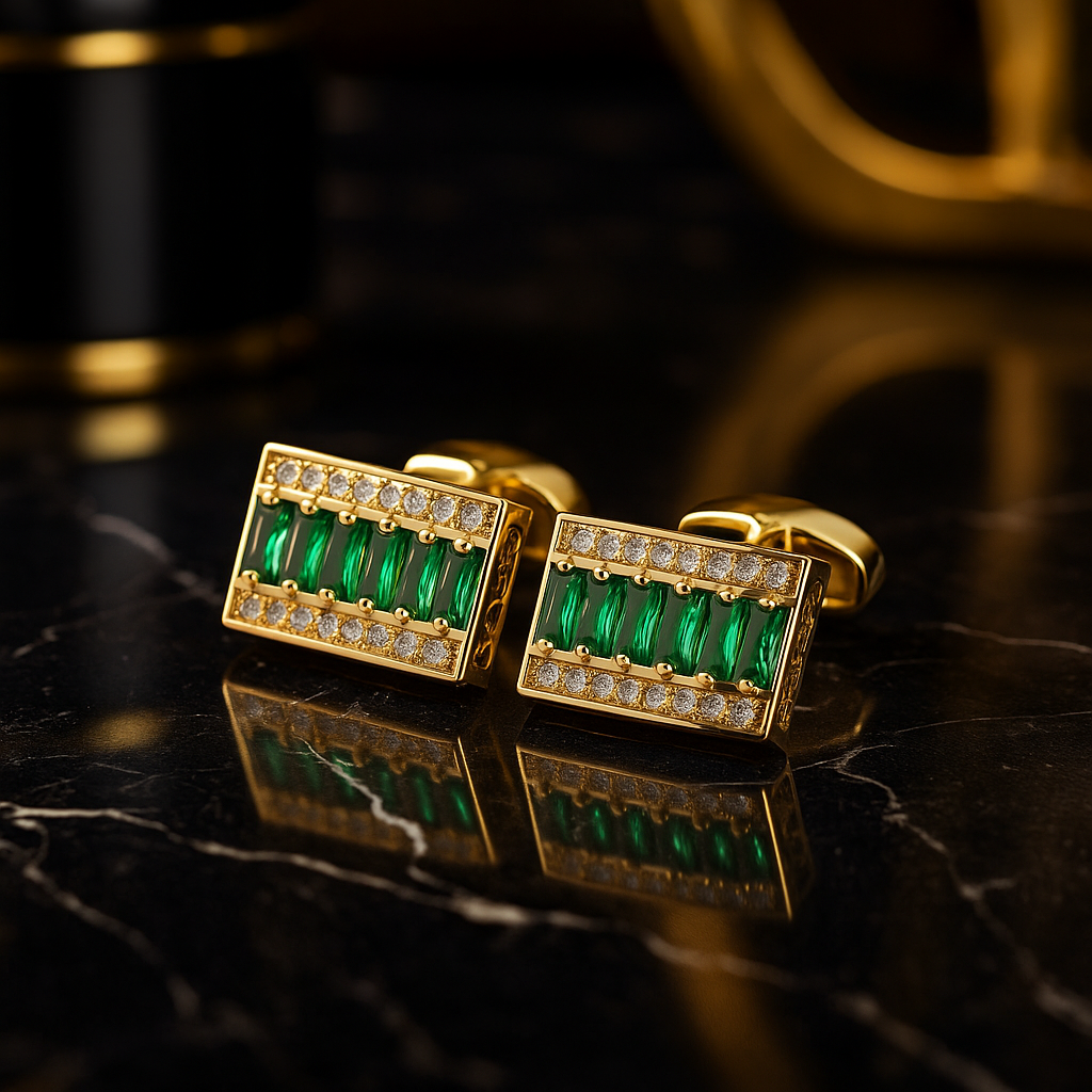 View 2 Gold with green stones cufflinks
