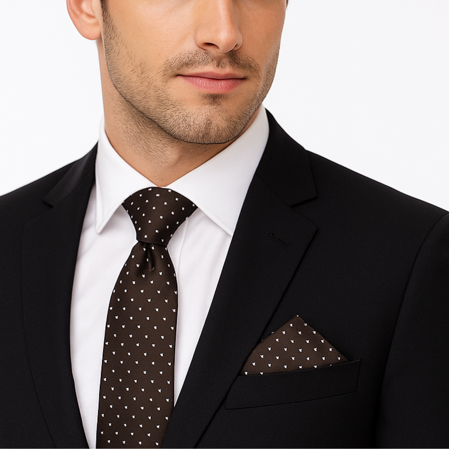 Man wearing a black suit with a white shirt and polka dot tie on a white background