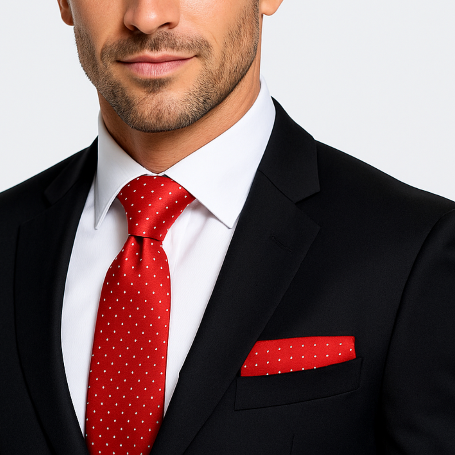 Man Wearing a Black Suit with Red, White Polk Tie and Square