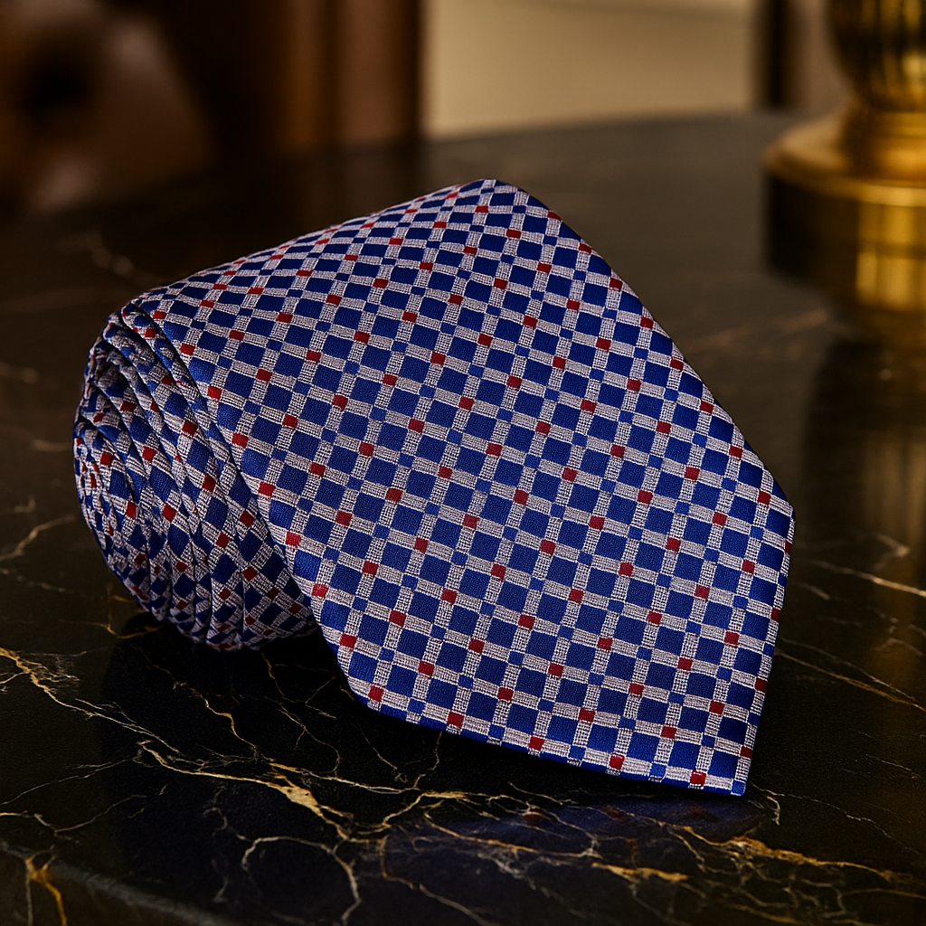 Blue and red checkered tie on a dark surface